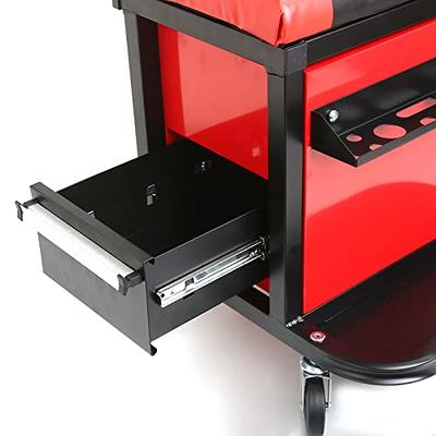 Magshion Rolling Stool with 3-Drawer Toolbox Padded Mechanic Stool Creeper Seat with Foldable Tool Tray 350 lbs Capacity Garage Workshop Stool