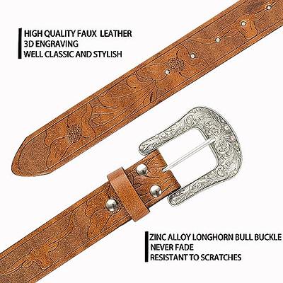 XuoAz Western Cowboy Belt for Men Women - Floral Engraved PU