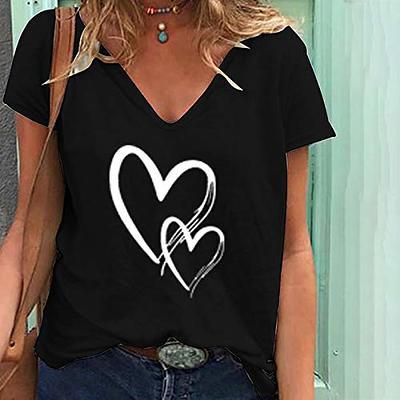 Womens Summer Tops Short Sleeve Love Print Cute Graphic Tees One-Shoulder  T-Shirt Loose Fit Casual Dressy Blouses