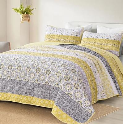 Reversible Quilt Set, Boho Chic Floral Damask Pattern, 3-Piece Set