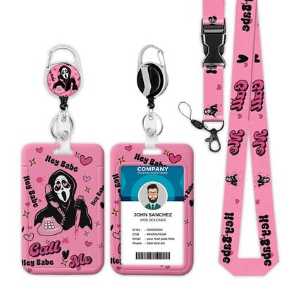 2 Pack Horizontal Lanyard ID Badge Holder with Clip, Carabiner Badge Reel,  24 Pull Cord – Heavy Duty – Clear Id Card Holder Retractable