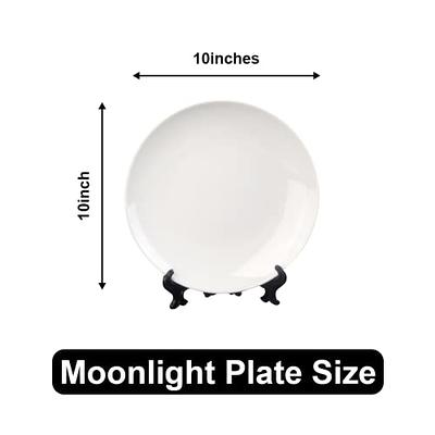 MR.R Set of 2 Sublimation Blanks White Ceramic Moon Plate with Stand,Porcelain Plates, 10 inch Round Dessert or Salad Plate, Lead-Free, Safe in