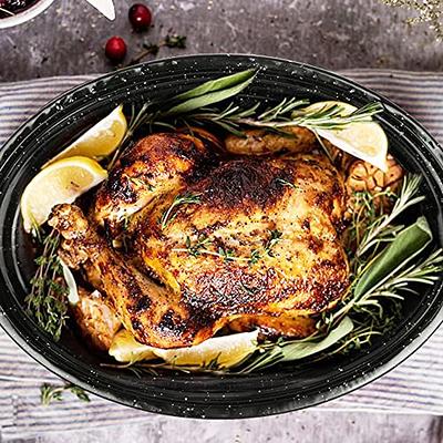  Granite Roasting Pan, Medium 16” Enameled Roasting Pan with  Domed Lid. Oval Turkey Roaster Pot, Broiler Pan Great for Small Turkey,  Chicken, Ham, Dishwasher Safe Fit for Roast 12Lb Bird by