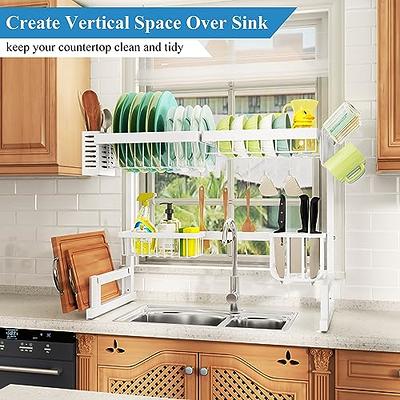 Over The Sink Dish Drying Rack, Adjustable (26.8 to 34.6) Large Dish  Drying Rack for Kitchen Counter with Multiple Baskets Utensil Sponge Holder  Sink Caddy, 2 Tier Brown