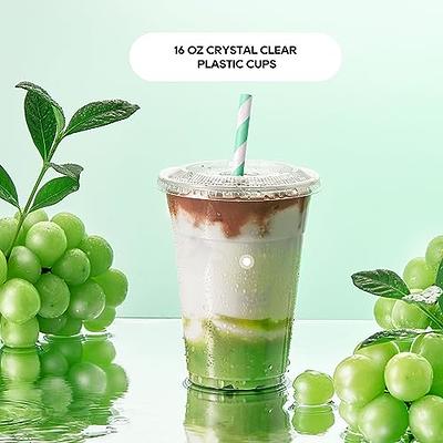 Comfy Package 16 oz. Crystal Clear Plastic Cups With Flat Lids [100 Sets] 