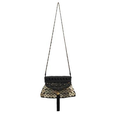 Night Divinity,'Black Zinc and Cotton Sling Bag with Brass Beads