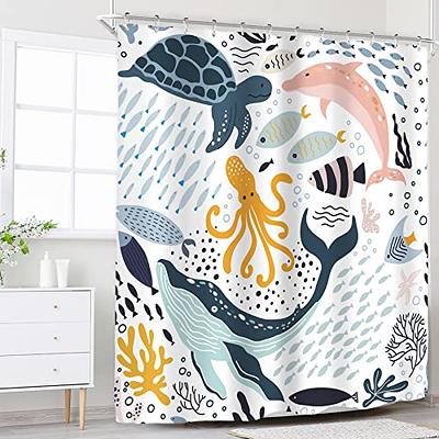 Sea Turtle Shower Curtain Teal Blue Ocean Waterproof Fabric Shower Curtains  for Bathroom with Funny Animal Octopus Starfish Anchor Fish Nautical Bath