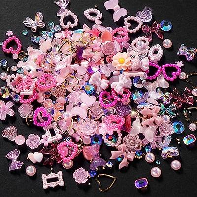 500Pcs Purple Flower Nail Charms Mixed Shape Rose Flower Bear Bow Heart 3D  Acrylic Charms for Nails Design Flatback White Half Round Pearls Beads for