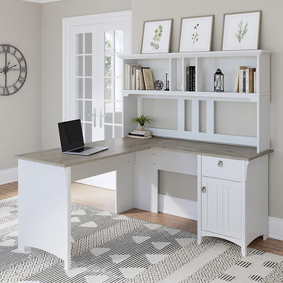 Bush Furniture Cabot L Shaped Desk with Hutch and Small Storage Cabinet with Doors, Linen White Oak