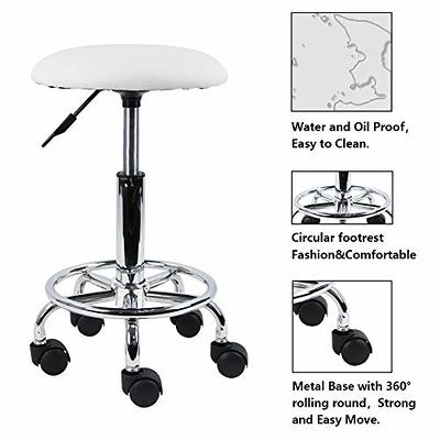 KKTONER PU Leather Round Rolling Stool with Foot Rest Swivel Height Ad