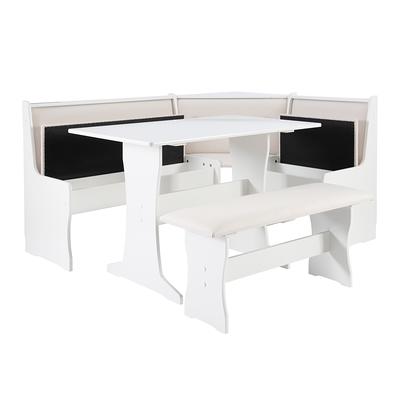 Linon Stella Corner Dining Breakfast Nook with Storage, Table and Bench,  Seats 5, White Finish with Beige Fabric 