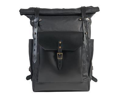 Black leather backpack with waxed canvas roll to close top and leather  front pocket