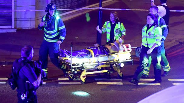 PHOTO: First responders transport an injured person at the scene of a traffic incident in Finsbury Park, London, June 18, 2017. (James Gourley/REX/Shutterstock)