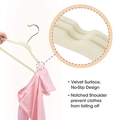 Finnhomy Non-Slip Clothes Hanger for Baby and Kids 30-Pack Velvet Hangers  with 10 Finger Clips,Beige