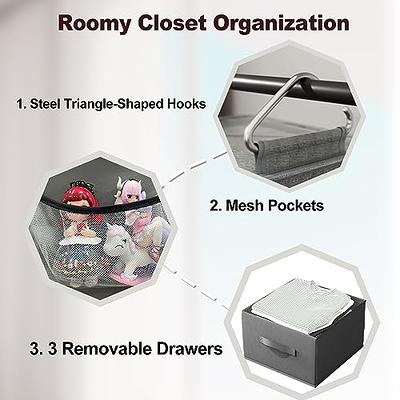 Hanging Closet Organizer 6 Shelf, Hanging Shelves for Closet with 3  Removable Drawers & Side Pockets, Hanging Shelf Organizer for Bedroom or  Garment Rack, 12'' x 12'' x 43.3'', Dark Gray