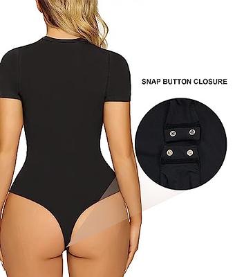 SHAPERX Women's Long Sleeve Bodysuit Fits Everybody Soft V Neck Basic Tops  with Thong