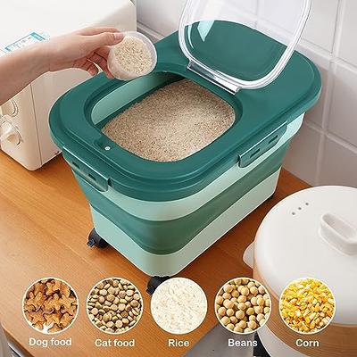 Dog Food Storage Container with Rolling Wheel, Collapsible Dog Food Container with Travel Silicone Bowl and Scoop, Folded Cat Food Container Kitchen R