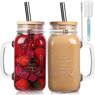 Mason Jar Iced Coffee Cup with Lid and Straw, 24oz Regular Mouth Mason Jars  with Handle Glass Coffee Drinking Glasses Tumbler Reusable Boba Cups