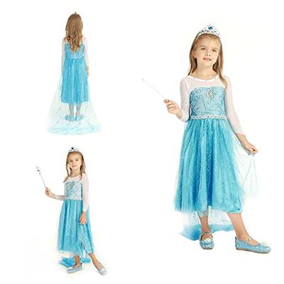 Frozen Elsa Dress Up Costume With Cosplay Accessories Crown Wand & Gloves 