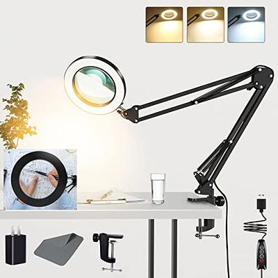  10X Magnifying Glass with Light and Stand, KUVRS 2200 Lumen 3  Color Stepless Dimming LED Lighted Magnifier Light, 4 Magnetic Pillar &  Gooseneck Magnifying Desk Clamp Lamp for Craft Electronic Project 