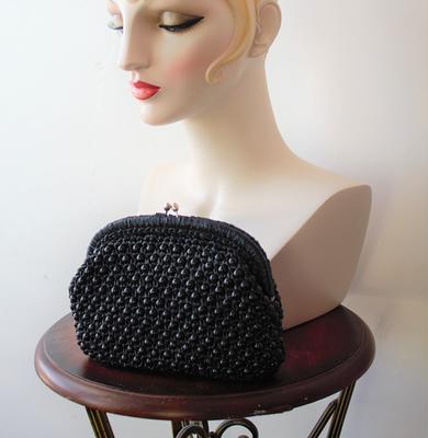 Vintage Small Black Beaded Evening Purse, 1980s Wrist Bag La Regale