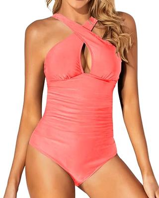 Tempt Me Women Coral Pink One Piece Swimsuits Front Cross Keyhole Tummy  Control Backless Bathing Suit Medium - Yahoo Shopping