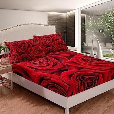 Valentine's Day Sheet Set Queen 4Pcs, Red Rose Bed Sheets Set, Romantic  Rose Floral Sheets, 3D