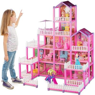 deAO Doll House Dollhouse - 3 Story 9 Rooms Pink DIY Pretend Play Building  Playset, Dollhouse Asseccories and Furniture,Gift for 6 7 8 9 Girls Toddler