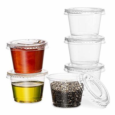 Condiment Cups with Lids, 100 Sets: 2 oz Disposable Small Plastic Containers for Salad Dressings, Sauce and Jello Shots, Clear
