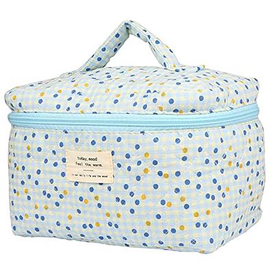 Cotton Makeup Bag, Large Travel Cosmetic Pouch Quilted Toiletry Bag  Aesthetic Cute Floral Pattern Makeup Bag for Women, Blue