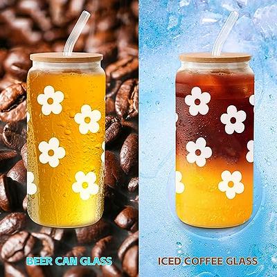 Daisy Aesthetic Cups, Iced Coffee Cup, Cute Glass Cup with Lid & Straw  Orange