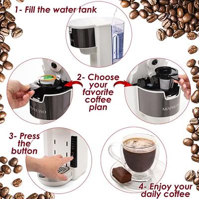 Mixpresso Single Serve Coffee Maker with K Cup Pods, 14oz Travel Mug,  Reusable Filter and 30oz Removable Water Tank 