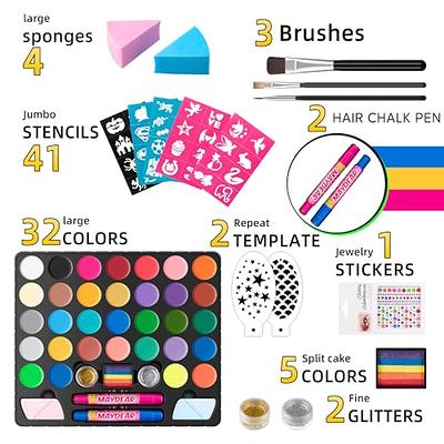 Maydear Face Painting Kit for Kids - 20 Color Water Based Makeup Palette  with Stencils, Glitters, Rainbow