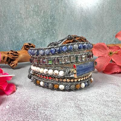 Leather Wrap Bracelet with Semiprecious Stone, Crystal and Handmade Beads