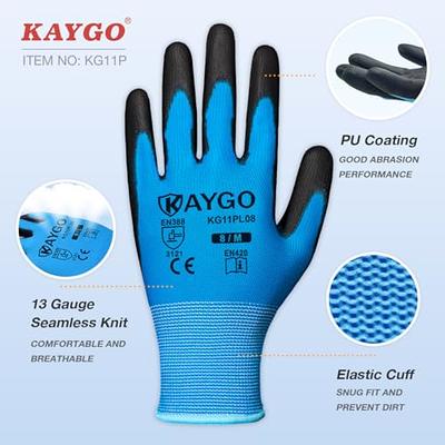 KAYGO Safety Work Gloves PU Coated-12 Pairs, KG11PB, Seamless Knit Glove  with Polyurethane Coated Smooth Grip on Palm & Fingers, for Men and Women