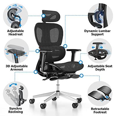 Office Chair with Foot Rest, Desk Chair Rubber Wheels Ergonomic Chair with  Lumbar Support, Adjustable Headrest & 3D Armrest, Reclining, Mesh High-Back