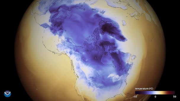 PHOTO: A handout image made available on Jan. 2, 2018 shows the Arctic cold that extends through Canada into the United States. (NOAA via EPA)