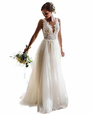 Loyeloy Boho White Lace Wedding Dresses for Women Long A-Line Sleeveless  Beach Bridal Wedding Gowns for Bride 2023 - Yahoo Shopping