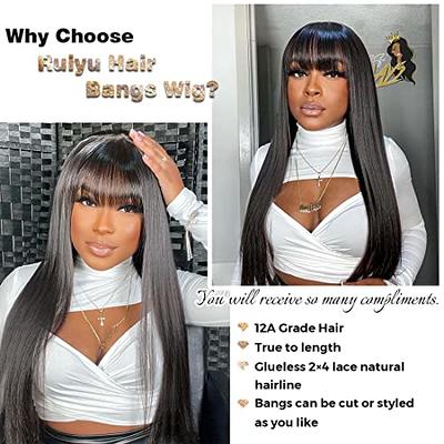 Glueless Human Hair Wigs with Bangs for Black Women 180% Density Straight  2x4 Lace Front