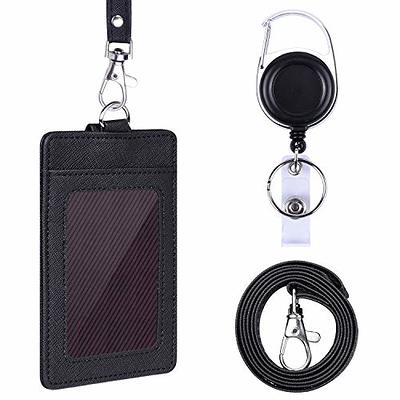 2 Pack Badge Holders, Vertical PU Leather ID Badge Card Holder with 1 Clear ID Window, with Detachable Neck Lanyard Strap and Retractable Badge Reel