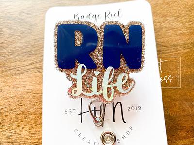 Gold Rn Life Badge Reel, Nurse Pin, Id Holder, Retractable Acrylic