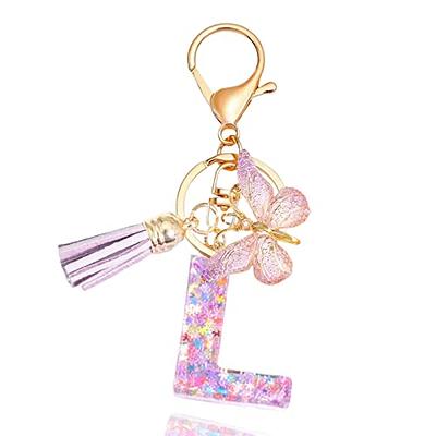 JINGUAZI Backpack Keychains Gifts for Women Initial Letter Keychain for Cute Car Key White Pink Tassel Bling Crystal Shiny