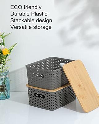 Plastic Storage Baskets Bamboo Lid Pantry Organization Storage