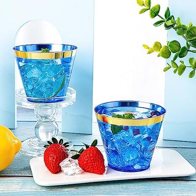 Perfect Settings 100 Pack 16oz Plastic Cups Clear Plastic Double Colored Rimmed Cups Fancy Disposable Wedding Holiday Party Cups Blue