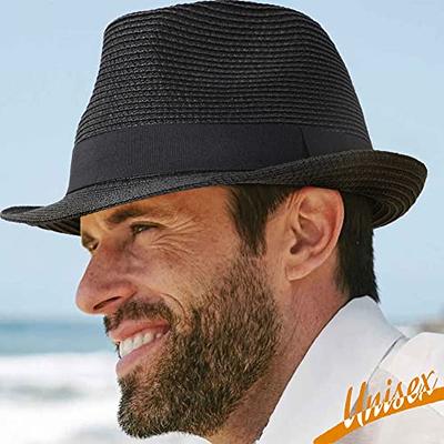 Straw Fedora Sun Hats for Women and Men, Adjustable Short Brim Beach Trilby  Hat Packable Roll Up Panama Summer Hat UPF 50+ Black at  Women's  Clothing store