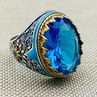 925 Sterling Silver Mens Ring Blue Topaz GemStone Handmade Men