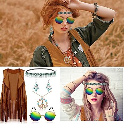 9 Pieces Women Hippy Costumes Set 60s 70s Women Fringe Hippie Vest Earring  Necklace Headband Tassel Legs Set