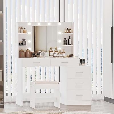 Vanity Table w/5 Drawers & Storage Shelves Makeup Table Lighted Mirror  Dresser