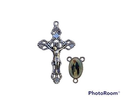 Silver - Crucifix & Our Lady Of Grace Centerpiece Set Rosary