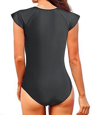 Womens One Piece Zip Front Surfing Swimsuit Boyshorts Short Sleeve Athletic Swimwear  Bathing Suit 